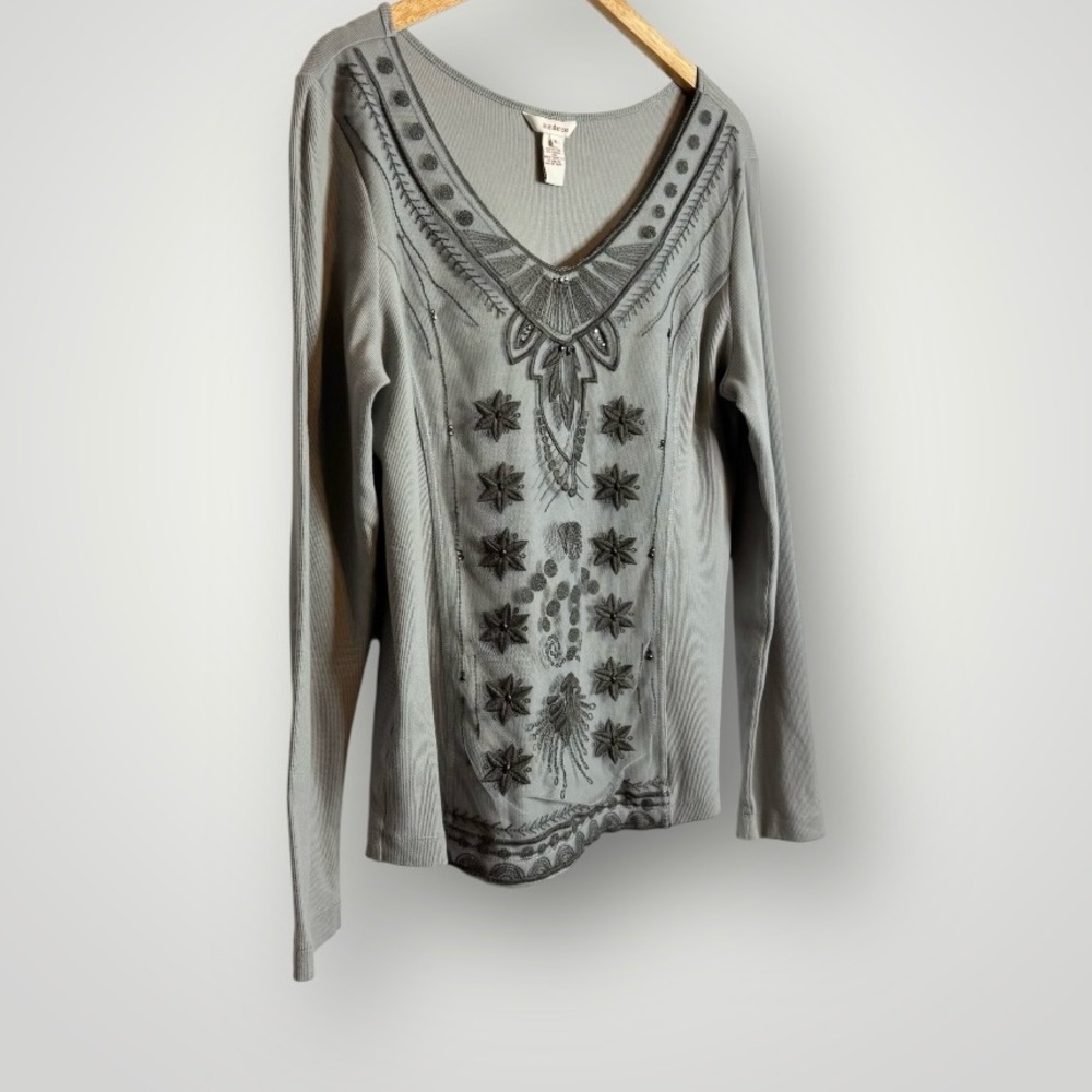 ✅SOLD-Sundance Long Sleeve V Neck XL Embroidery Rhinestones Mesh Front Panel - Picture 3 of 8